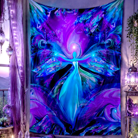 Purple, blue, and teal angel art tapestry by Primal Painter in a lavender meditation sanctuary