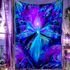 Purple, blue, and teal angel art tapestry by Primal Painter in a lavender meditation sanctuary