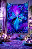 Purple, blue, and teal angel art tapestry by Primal Painter in a lavender meditation sanctuary