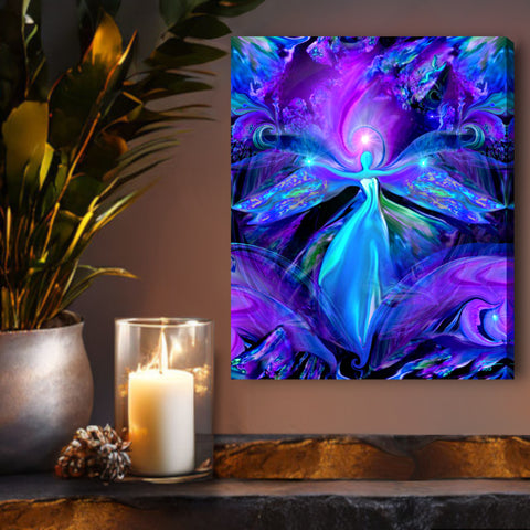 Purple and blue angel art canvas print called The Seer by Primal Painter. hanging over a shelf with candles