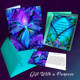 Third Eye Chakra Necklace Gift Set with matching greeting card, blessing card, meaning card, and teal gift box. Art by Primal Painter