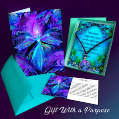 Third Eye Chakra Necklace Gift Set with matching greeting card, blessing card, meaning card, and teal gift box. Art by Primal Painter
