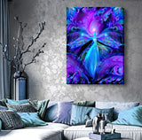 third eye canvas art for intuition in purple and teal featuring a teal angel with spread arms against a patterned background by Primal Painte hanging over a couch