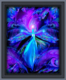 third eye art for intuition in purple and teal featuring a teal angel with spread arms against a patterned background by Primal Painter in a gray frame