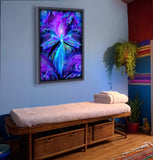 third eye art for intuition in purple and teal featuring a teal angel with spread arms against a patterned background by Primal Painter framed over a massage table