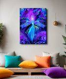 Purple and blue angel art canvas print called The Seer by Primal Painter. hanging over meditation bench with colorful pillows