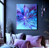 Abstract art canvas print called The Unfurling by Primal Painter and featuring wing like shapes that resembles a flower or an angel. Hanging on a blue wall over a bed