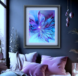 Abstract art print of a blue and purple flower-like winged design called The Unfurling by Primal Painter. Matted and framed, hanging over a bed