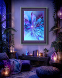 Abstract art print of a blue and purple flower-like winged design called The Unfurling by Primal Painter. Matted and framed in a purple meditation sanctuary