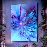 Abstract art canvas print of a blue and purple flower-like winged design called The Unfurling by Primal Painter. Hanging on a smoky violet wall