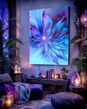 Abstract art print of a blue and purple flower-like winged design called The Unfurling by Primal Painter. Hanging in a purple meditation sanctuary.