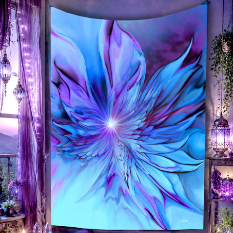 Abstract blue and purple winged  flower tapestry called The Unfurling by Primal Painter. Hanging on a purple wall. 