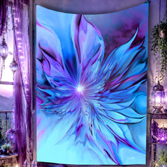 Abstract blue and purple winged  flower tapestry called The Unfurling by Primal Painter. Hanging on a purple wall. 