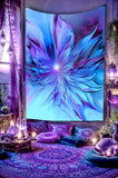 Abstract blue and purple winged  flower tapestry called The Unfurling by Primal Painter. Hanging in a purple meditation sanctuary.