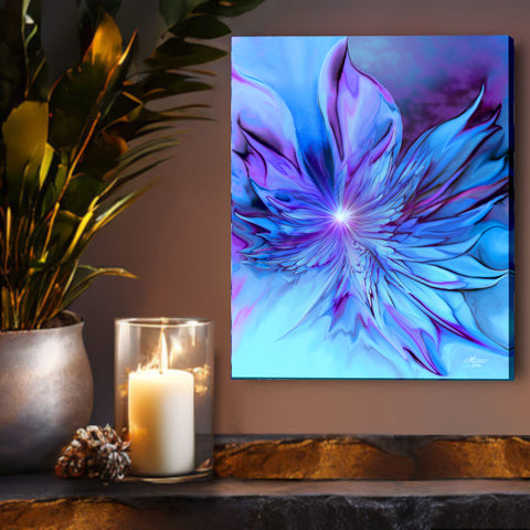 Abstract art canvas print called The Unfurling by Primal Painter and featuring wing like shapes that resembles a flower or an angel. Hanging above a shelf with a candle