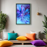 Abstract art print of a blue and purple flower-like winged design called The Unfurling by Primal Painter. Framed hanging over a meditation bench with colorful pillows