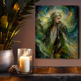 A vertical fantasy art print by Primal  Painter called Thoren the Storm Rider depicting a long-haired male mystic holding a staff, surrounded by swirling green, blue, and gold light effects, displayed on a shelf with a candle.