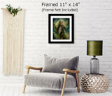Fantasy art wall decor of Thoren the Storm Rider of the Woodland Realm by Primal Painter in swirling greens, golds, and smoky blue earth tones. Matted and framed, hanging over a chair. 