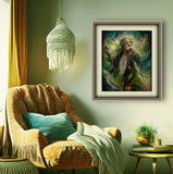 Fantasy art wall decor of Thoren the Storm Rider of the Woodland Realm by Primal Painter in swirling greens, golds, and smoky blue earth tones. Framed and matted hanging on a wall next to a fringed hanging lamp 