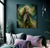 A vertical fantasy art print by Primal  Painter called Thoren the Storm Rider depicting a long-haired male mystic holding a staff, surrounded by swirling green, blue, and gold light effects, displayed on a dark teal bedroom wall.