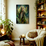 A vertical fantasy art print by Primal  Painter called Thoren the Storm Rider depicting a long-haired male mystic holding a staff, surrounded by swirling green, blue, and gold light effects, displayed in a cozy reading room.
