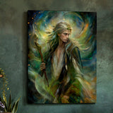 Fantasy art wall decor of Thoren the Storm Rider of the Woodland Realm by Primal Painter in swirling greens, golds, and smoky blue earth tones. Hanging on a mottled green and gray wall.