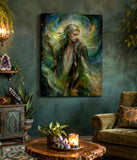 A vertical fantasy art print by Primal  Painter called Thoren the Storm Rider depicting a long-haired male mystic holding a staff, surrounded by swirling green, blue, and gold light effects, displayed on a dark textured wall.