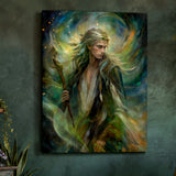 A vertical fantasy art print by Primal  Painter called Thoren the Storm Rider depicting a long-haired male mystic holding a staff, surrounded by swirling green, blue, and gold light effects, displayed on a dark textured wall.