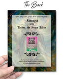 The back of a Fantasy art story card featuring Thoren the Storm Rider by Primal Painter. Golds, greens, earth tones, with envelope, suitable for gifting and inspiration.