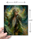 Dimensions of a Fantasy art story card featuring Thoren the Storm Rider by Primal Painter. Golds, greens, earth tones, with envelope, suitable for gifting and inspiration.
