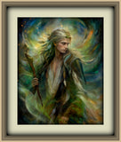 Fantasy art wall decor of Thoren the Storm Rider of the Woodland Realm by Primal Painter in swirling greens, golds, and smoky blue earth tones. Framed and matted. 