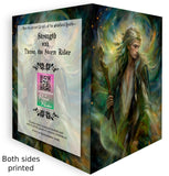 Opened front and back Fantasy art story card featuring Thoren the Storm Rider by Primal Painter. Golds, greens, earth tones, with envelope, suitable for gifting and inspiration.