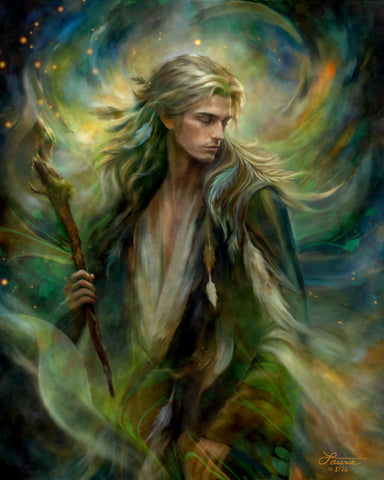 Fantasy art wall decor of Thoren the Storm Rider of the Woodland Realm by Primal Painter in swirling greens, golds, and smoky blue earth tones. 