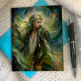 Fantasy art story card featuring Thoren the Storm Rider by Primal Painter. Golds, greens, earth tones, with envelope, suitable for gifting and inspiration.
