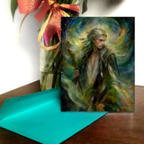 Fantasy art story card featuring Thoren the Storm Rider by Primal Painter. Golds, greens, earth tones, with envelope, suitable for gifting and inspiration.