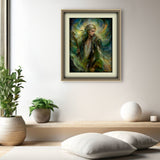 Fantasy art wall decor of Thoren the Storm Rider of the Woodland Realm by Primal Painter in swirling greens, golds, and smoky blue earth tones. Hanging in a meditation room. 
