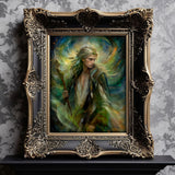 Framed on a shelf Fantasy art wall decor of Thoren the Storm Rider of the Woodland Realm by Primal Painter in swirling greens, golds, and smoky blue earth tones. 