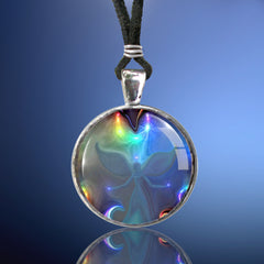 round necklace featuring pastel angel art print in teals and rainbow highlights, sealed under glass by Primal Painter