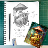 Artistic sketch of Toxina Sporceress with a pencil and eraser on a green grid background and the final resulting greeting card design.