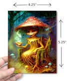 Dimensions of Toxina Sporceress mushroom greeting card featuring a red-spotted toadstool sitting in a creepy throne of roots with cobwebs, holding a toxic brew, full-color artwork