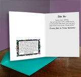 Open card with Bite Me text and quote by Toxina Sporceress and decorative elements on a wooden surface with a purple background