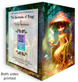 Front and Back - Toxina Sporceress mushroom greeting card featuring a red-spotted toadstool sitting in a creepy throne of roots with cobwebs, holding a toxic brew, full-color artwork, with her ‘Toxicity Alert’ quote inside