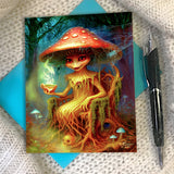 Toxina Sporceress mushroom greeting card featuring a red-spotted toadstool sitting in a creepy throne of roots with cobwebs, holding a toxic brew, full-color artwork