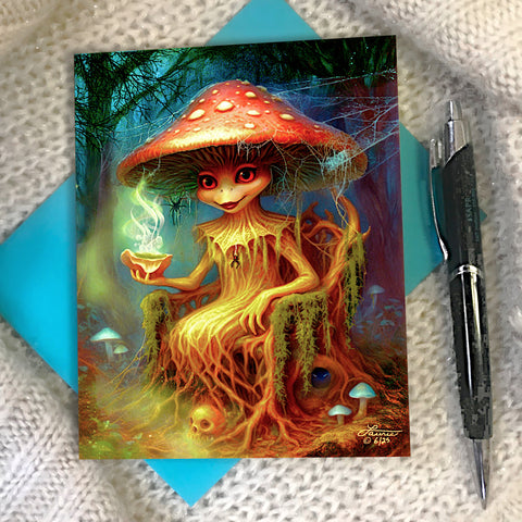 Toxina Sporceress mushroom greeting card featuring a red-spotted toadstool sitting in a creepy throne of roots with cobwebs, holding a toxic brew, full-color artwork