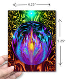 Greeting card featuring Transmutation by Primal Painter, psychedelic violet flame artwork. Held in a hand with dimensions