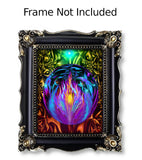 Original digital art of a sphere encircling the violet flame and surrounded by fairies with an intricate rainbow colored pattern in the background. Reiki-inspired art for energy workers and spiritual seekers in a black frame