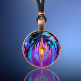 Psychedelic violet flame necklace in a round setting under glass