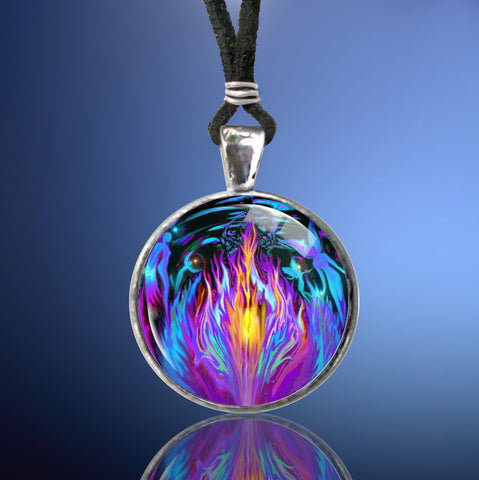 violet flame original art featured as a round silver finished necklace against a blue background with fairies