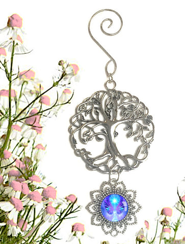 Tree of Life Pewter Hanging Ornament with Violet Angel Art Pendant - "Hope"