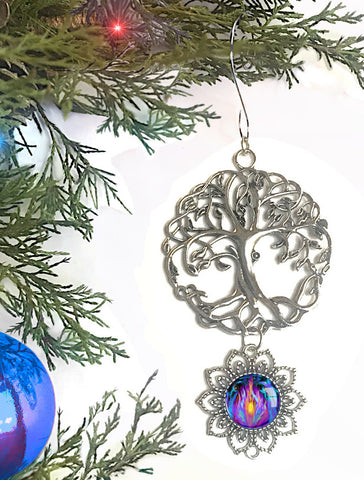 Tree of Life Pewter Hanging Ornament with Violet Flame Art Pendant